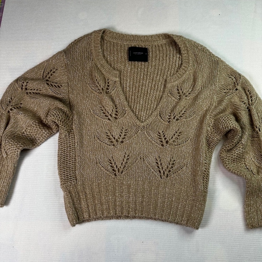 Lucky Brand Chunky Knit Bohemian‎ Sweater V Neck Metallic Gold Balloon Sleeve M